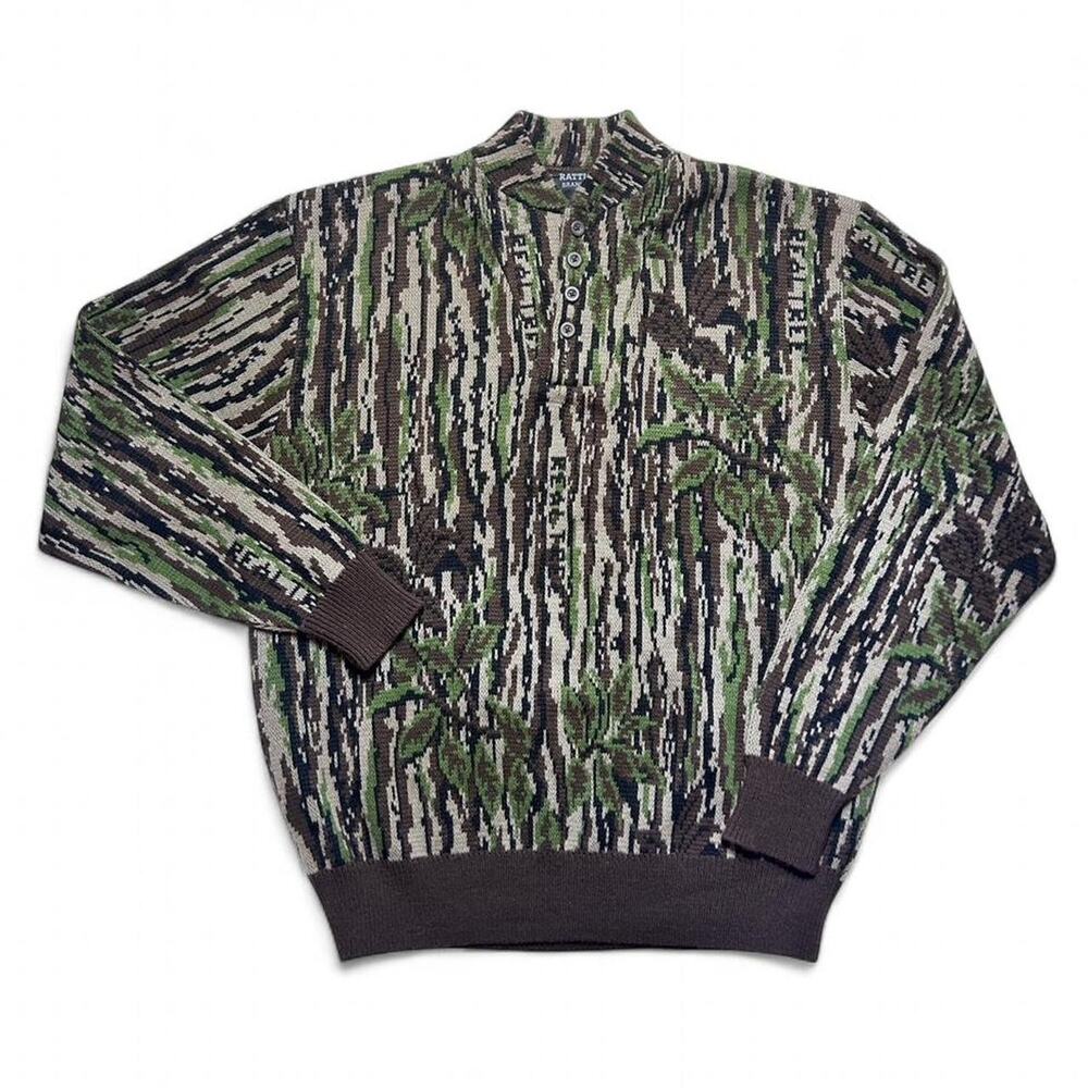 Rattlers Realtree Camouflage 80s Vintage USA Made Knit Henley Neck Sweater XL